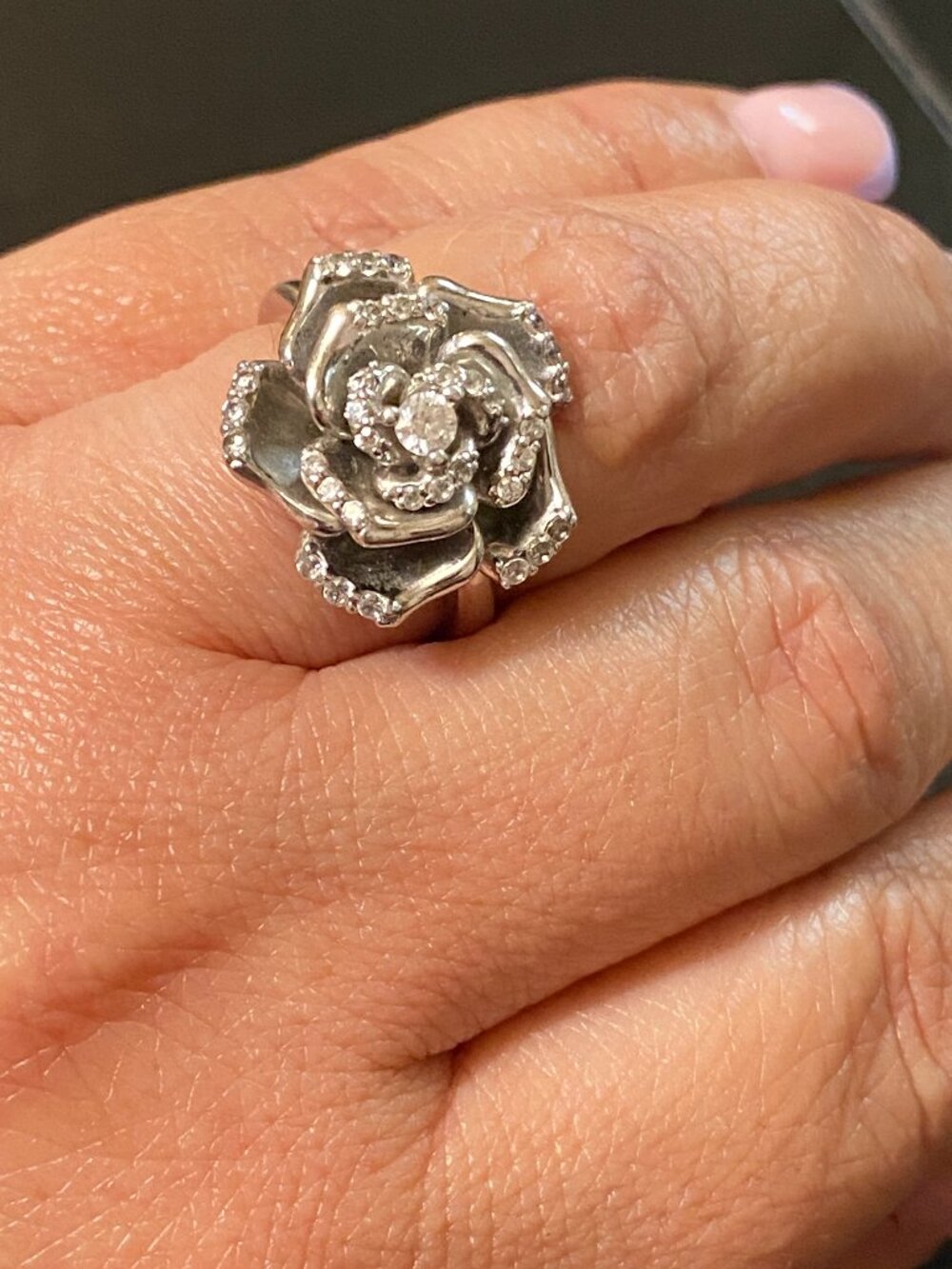 Sterling Silver CZ Rose Ring Size 8 Floral Statement Ring